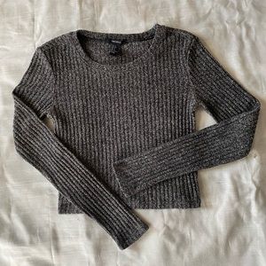 Black Heather Long Sleeve Fitted Crop Top